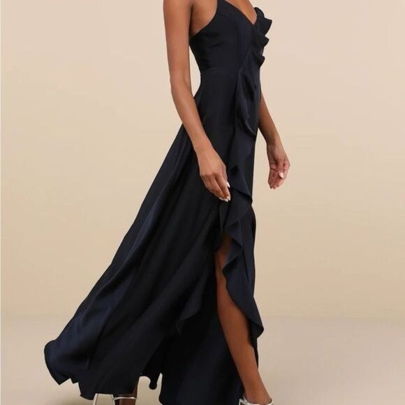 Lulus Stylish Grace Navy Blue Backless Lace-Up Ruffled Maxi Dress Size Small NEW - Picture 5 of 12